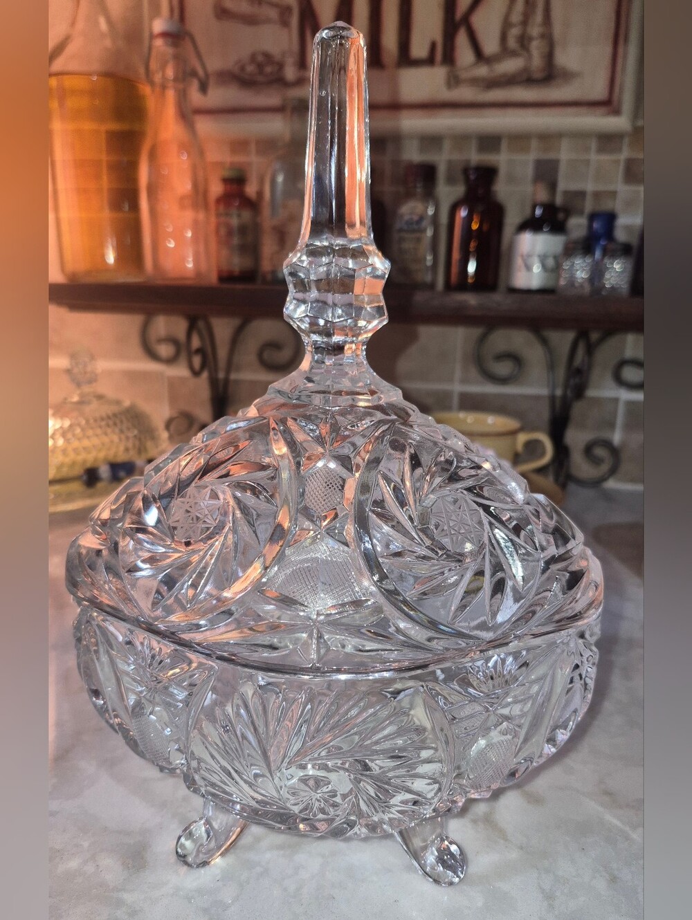 Vintage Cut Glass Lead Crystal Footed Compote Candy Trinket with Lid